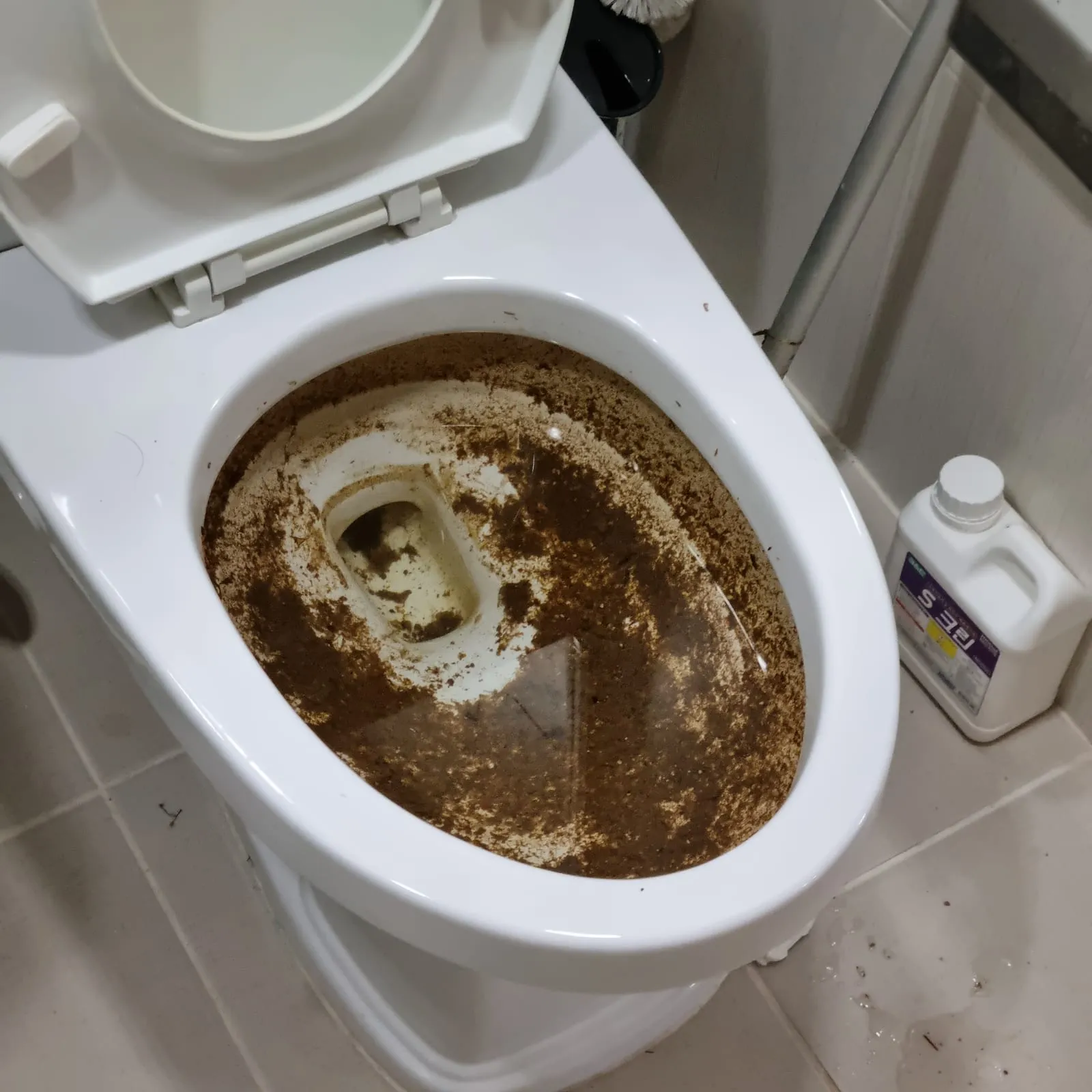 변기 안에 갈색 물과 갈색 찌꺼기가 차 있고, 변기 옆 바닥에 흰 통이 놓여 있다